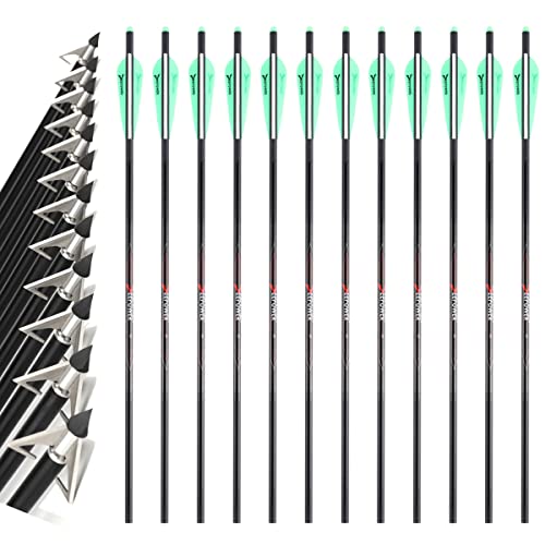 DEEPOWER Crossbow Bolts 20 22 Inch Carbon Archery Arrows Hunting with 4 inch Vanes 12 Pack and 12 Pack Hunting 3 Blade Broadheads kit for Archery Practise Hunting Crossbow Arrows