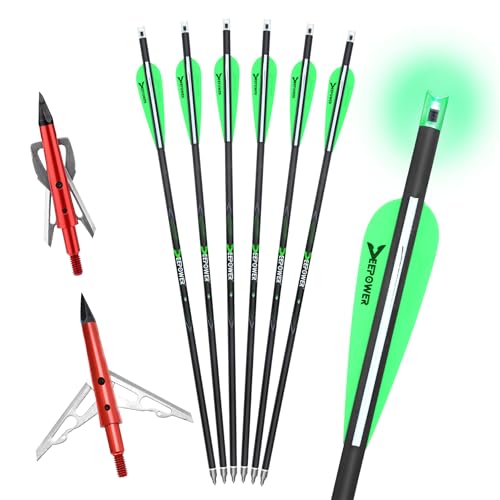 DEEPOWER 20 inch Crossbow Bolts with Mechanical Arrowheads and Lighted Nocks for Hunting and Outdoor Practice Carbon Crossbow Arrows