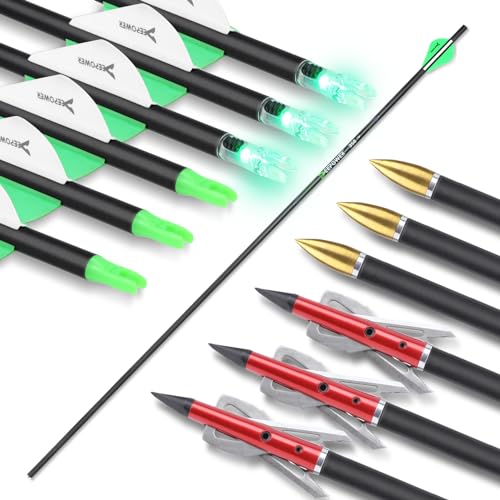 DEEPOWER 6 Pack 31-inch Carbon Arrows with Mechanical Broadheads and Lighted Nocks for Compound Bow and Recurve Bow