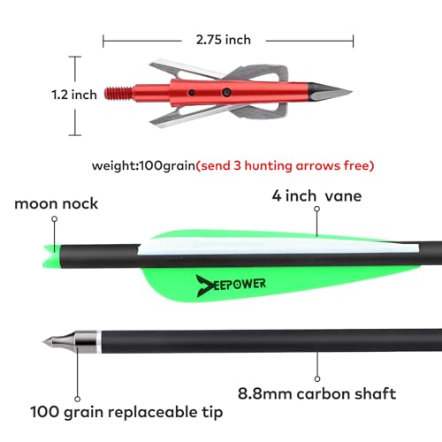 DEEPOWER 20 inch Crossbow Bolts with Mechanical Arrowheads and Lighted Nocks for Hunting and Outdoor Practice Carbon Crossbow Arrows