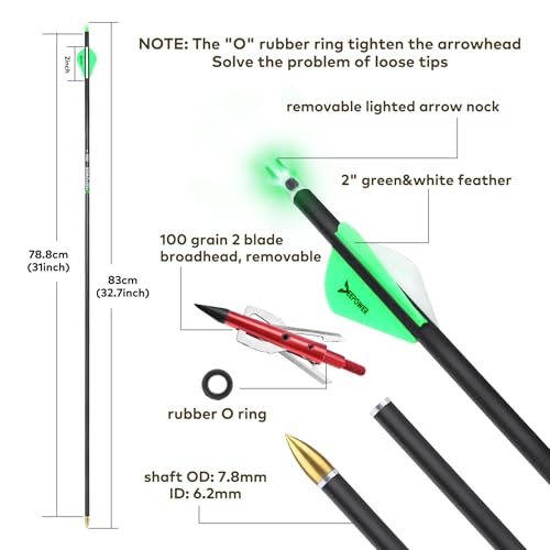 DEEPOWER 6 Pack 31-inch Carbon Arrows with Mechanical Broadheads and Lighted Nocks for Compound Bow and Recurve Bow