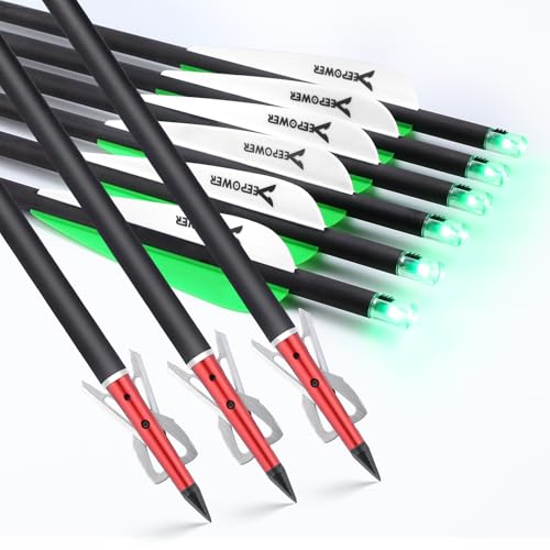 DEEPOWER 20 inch Crossbow Bolts with Mechanical Arrowheads and Lighted Nocks for Hunting and Outdoor Practice Carbon Crossbow Arrows