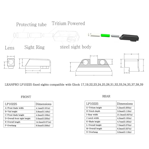 Tritium Handgun Sight | High-Visible Front & Rear Night Sights with Daylight White Dots & Low-Light Tritium Dots, Compatible with Glock Handguns with Assembly Tool