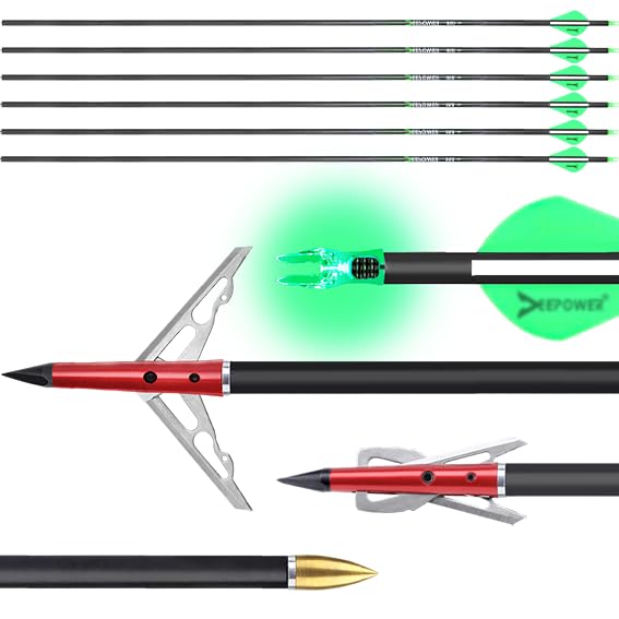 DEEPOWER 6 Pack 31-inch Carbon Arrows with Mechanical Broadheads and Lighted Nocks for Compound Bow and Recurve Bow