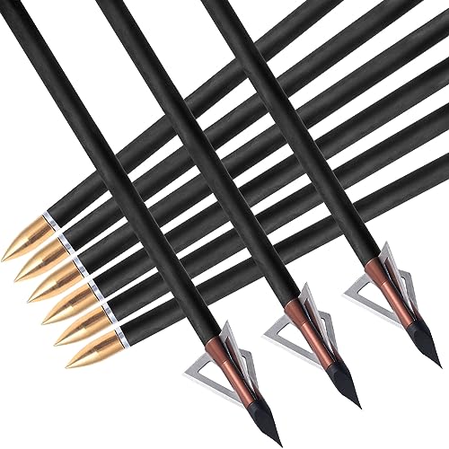 KEAUP 31 Inch 100% Carbon Arrow for Compound Bow recurve Bow 6 Pack Practice Hunting Arrows with Lighted Nocks and Broadheads