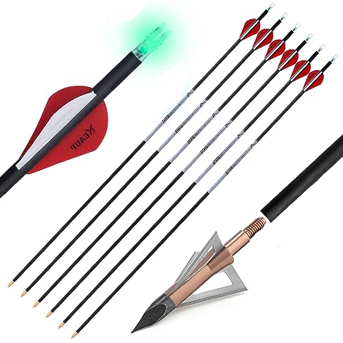 KEAUP 31 Inch 100% Carbon Arrow for Compound Bow recurve Bow 6 Pack Practice Hunting Arrows with Lighted Nocks and Broadheads