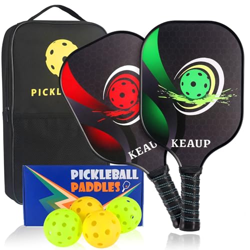 Pickleball Paddles Set of 2 Fiberglass Pickle Ball Paddles, 3D Pickle Ball Rackets 2 Pack, 2 Indoor and 2 Outdoor Pickleball Balls,1 Pickleball Carrying Bag