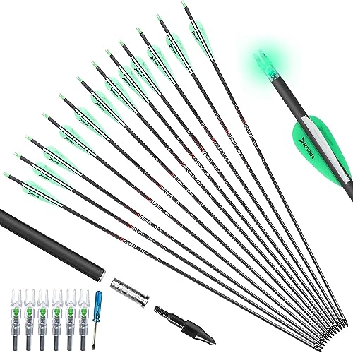 DEEPOWER 30 Inch 12 Pack Carbon Arrows with 6 Pack Lighted Nocks and 12 Pack Replaceable Arrow Tips - Spine 500, for Compound Bow and Recurve Bow Shaft