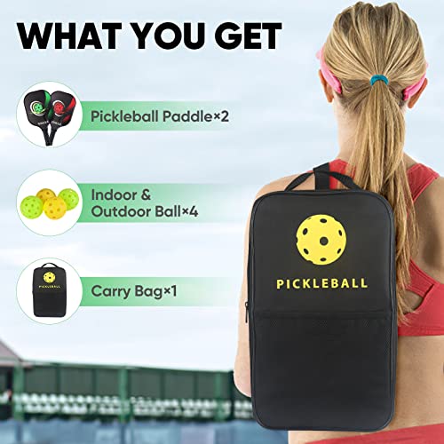 Pickleball Paddles Set of 2 Fiberglass Pickle Ball Paddles, 3D Pickle Ball Rackets 2 Pack, 2 Indoor and 2 Outdoor Pickleball Balls,1 Pickleball Carrying Bag