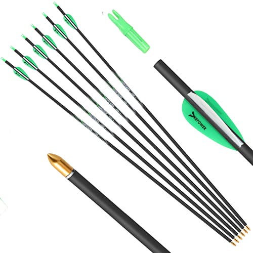 DEEPOWER 31 inch 100% Carbon Arrows with Lighted Nocks and Broadheads 6 Pack for Compound Bow and Recurve Bow Shaft Spine 350/400/500