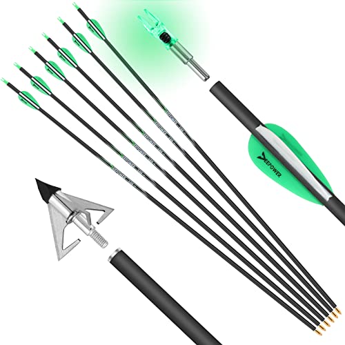 100% Carbon Arrows 31 inch with 6.2mm Lighted Nocks 100Grain Broadheads 6 Pack Spine 350/400/500 with Removable Tips for Compound Bow and Recurve Bow