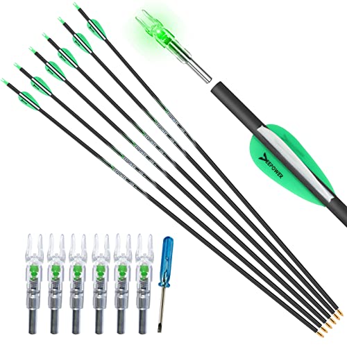 DEEPOWER 31 inch 100% Carbon Arrows with Lighted Nocks and Broadheads 6 Pack for Compound Bow and Recurve Bow Shaft Spine 350/400/500