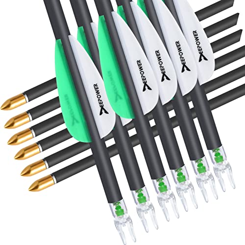 DEEPOWER 31 inch 100% Carbon Arrows with Lighted Nocks and Broadheads 6 Pack for Compound Bow and Recurve Bow Shaft Spine 350/400/500